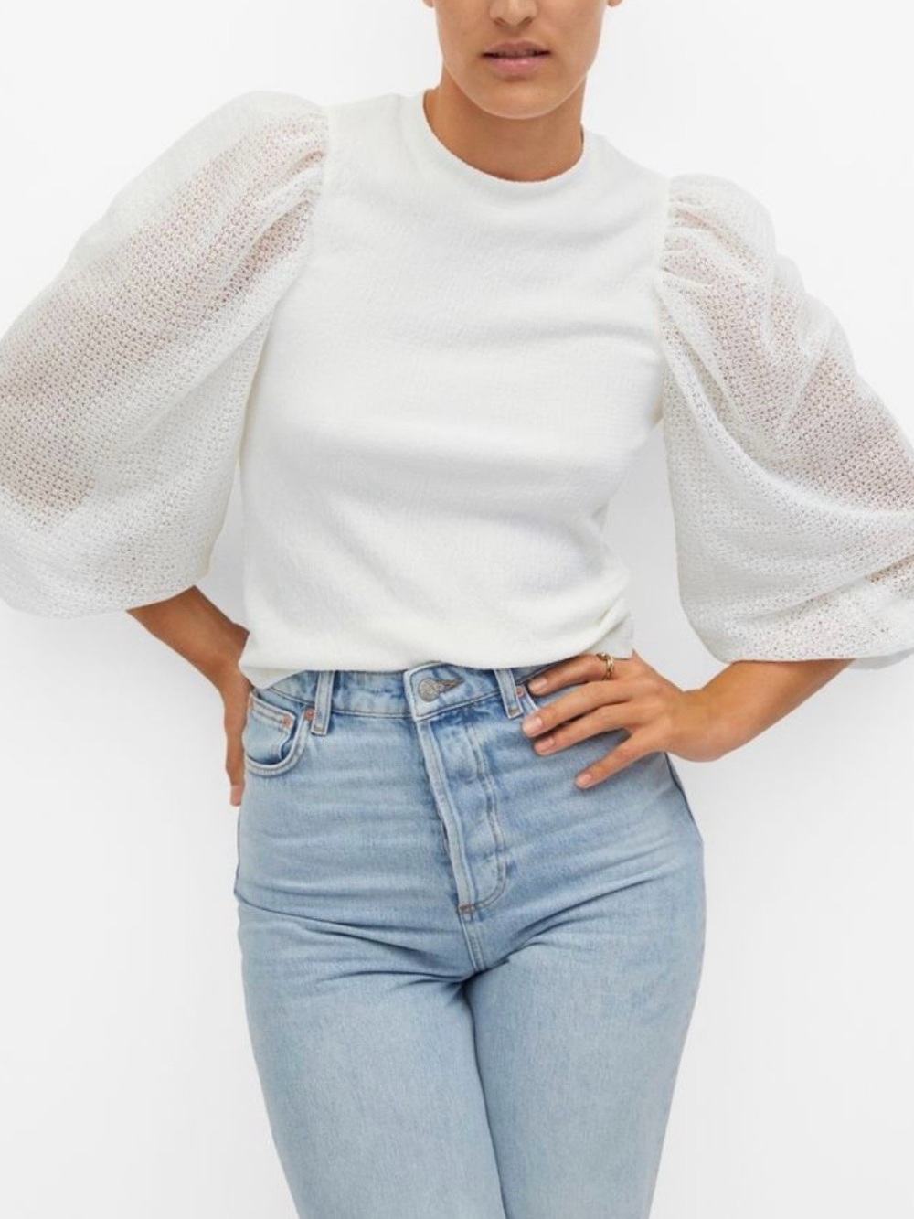 MNG Mango White Textured Open Knit Puff Sleeve Blouse Mesh Top Small